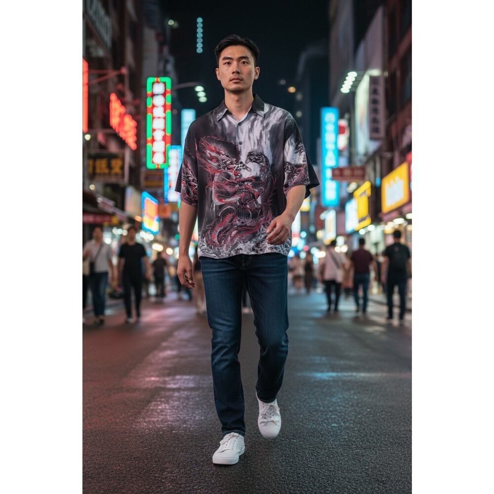 VTG Y2K Billion Bay Dragon Tiger Warrior Street Wear Shirt XL Asian Art Samurai